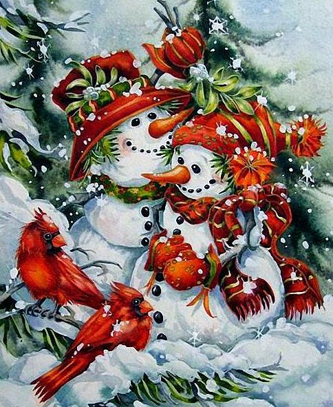 снеговики и зимородки - снеговик, детские, птицы.зима, снег, рождество.новый год, зимородок - оригинал