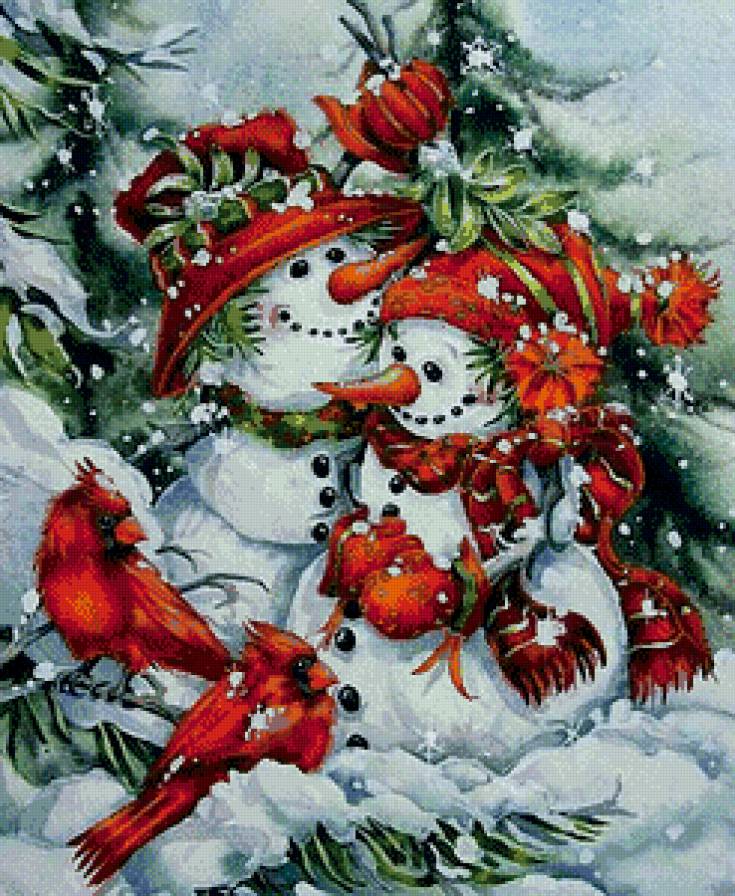 снеговики и зимородки - птицы.зима, детские, снеговик, зимородок, рождество.новый год, снег - предпросмотр