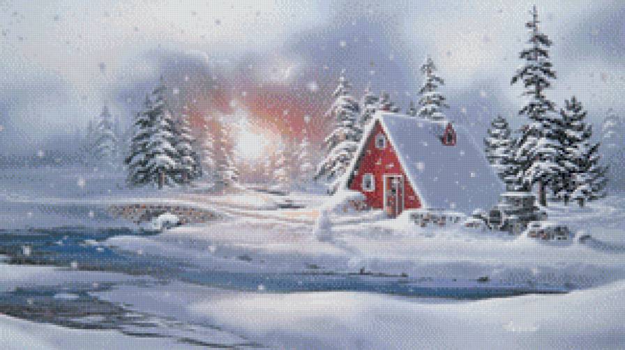 тед хермит 4 зимние домики - тед хермит, избушка, дымка, зима, река, лес, церковь, дорога, снег, домик - предпросмотр
