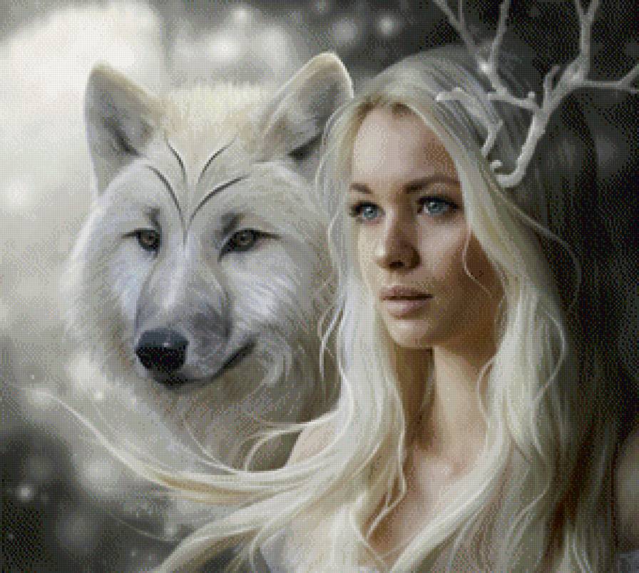 Девушка и белый волк - красавица, волк, зима, животные, сказка, девушка, фэнтези - предпросмотр