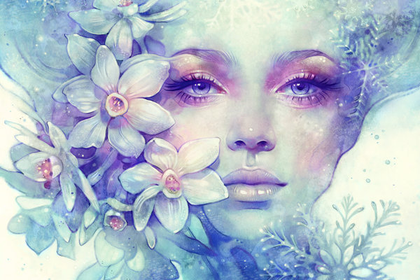 снежная королева - девушка, женщина, королева, зима, орхидея, белые цветы, снег, сказка - оригинал
