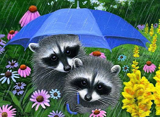 Енотики - цветы, зонтик, еноты, дождь, животные - оригинал