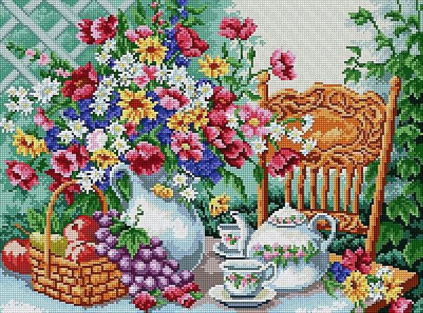 Чаепитие в саду - цветы, сад, чашки, столик, чаепитие, кресло - оригинал