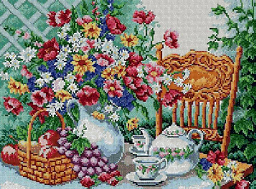Чаепитие в саду - столик, чашки, сад, цветы, чаепитие, кресло - предпросмотр