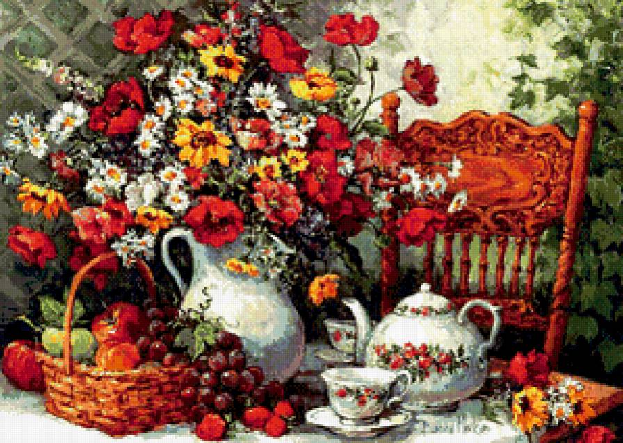 Чаепитие в саду - сад, чаепитие, столик, цветы, кресло, чашки - предпросмотр