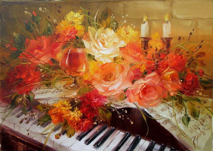 Homczik Anna-Roze na fortepianie - kwiaty, roze, fortepian - оригинал