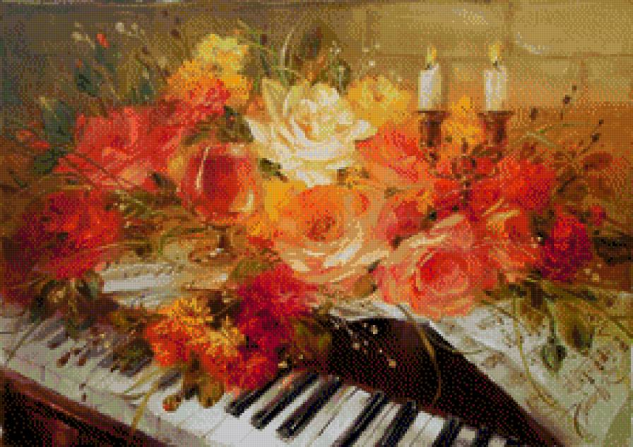 Homczik Anna-Roze na fortepianie - roze, kwiaty, fortepian - предпросмотр