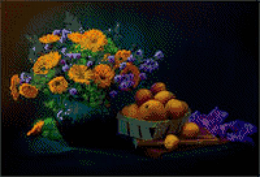 ЯРКОЕ НАСТРОЕНИЕ - натюрморт, фрукты, ваза, цветы - предпросмотр