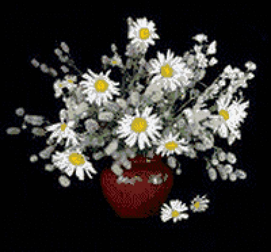РОМАШКОВОЕ НАСТРОЕНИЕ - белое на черном, натюрморт, ваза, ромашки, цветы - предпросмотр