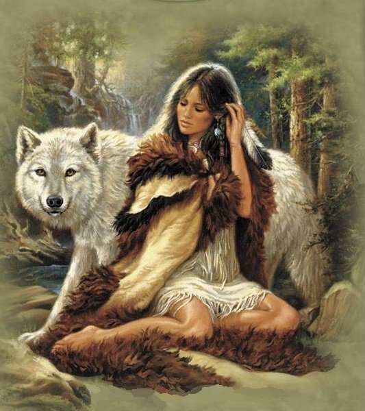 в гармонии с природой - индейцы, белый волк, хищник, девушка, индеанка, женщина, волк - оригинал