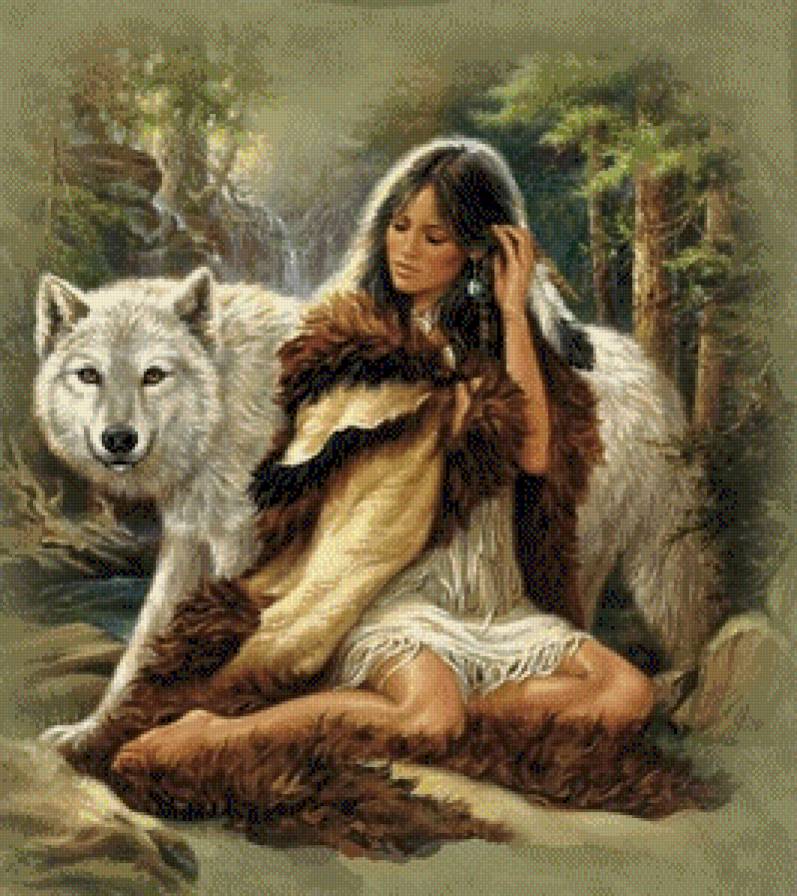 в гармонии с природой - волк, индейцы, девушка, белый волк, индеанка, хищник, женщина - предпросмотр