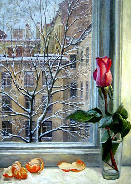Одинокая роза - город, окно, зима, цветы, роза, дома - оригинал