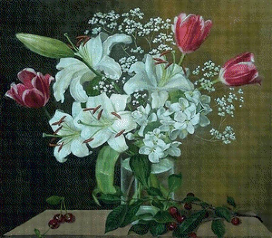 натюрморт с лилиями - белые цветы, натюрморт, тюльпаны, вишня, розовые цветы, букет, лилии - предпросмотр