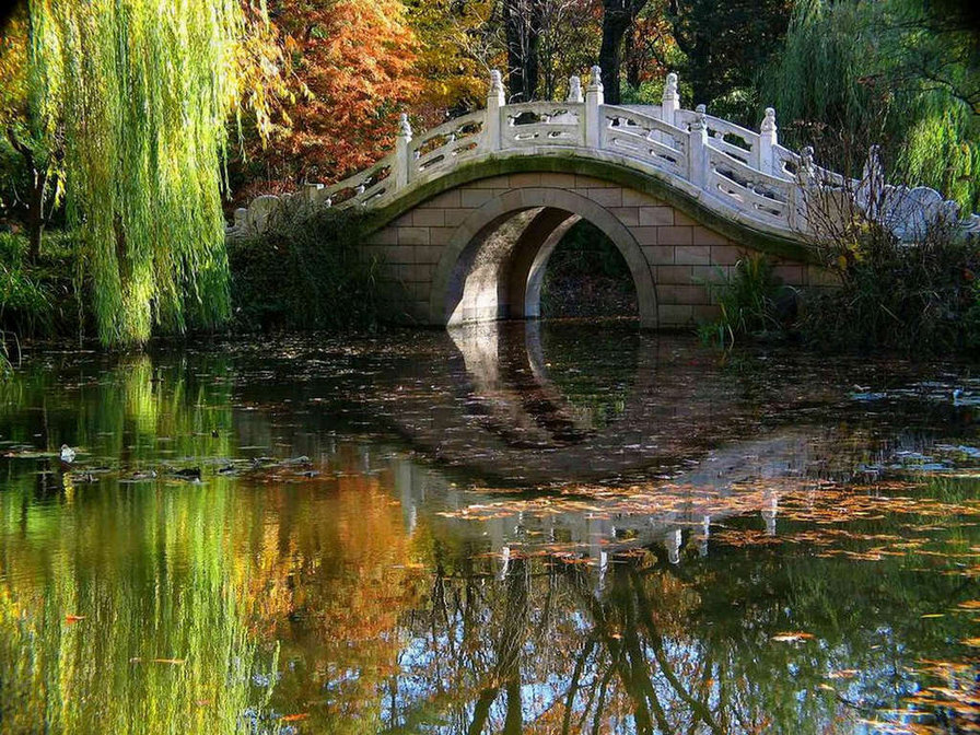мост - деревья, вода, мост - оригинал