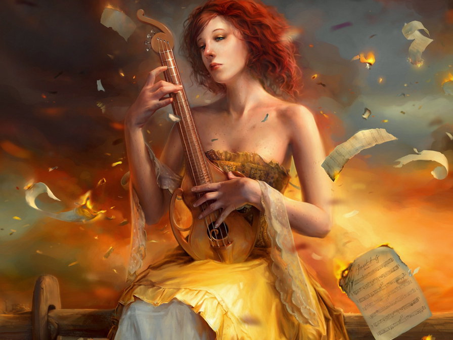 Огонь души - девушка, музыка, ноты, огонь - оригинал