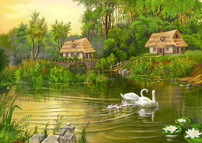 лебединая семья - деревья, лебеди, дом, вода - оригинал