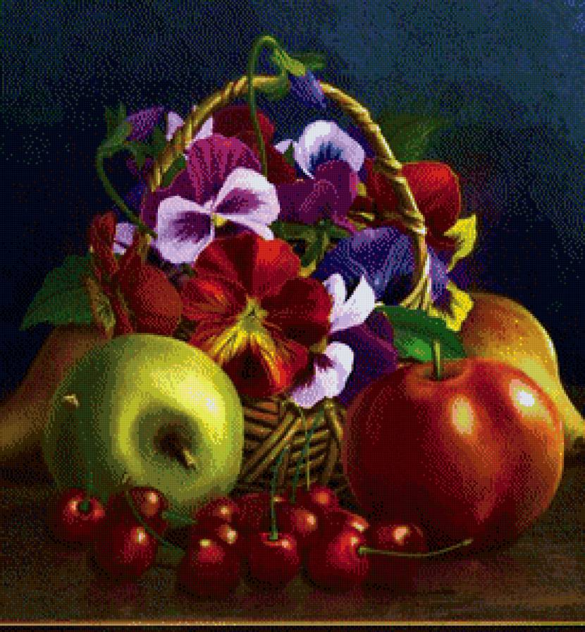 Натюрморт - натюрморт, цветы, фрукты - предпросмотр