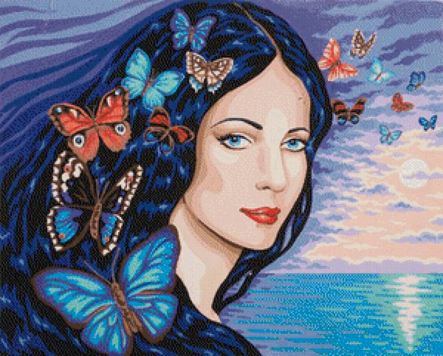 Девушка с бабочками - море, пейзаж, фэнтези, бабочки, девушка - предпросмотр