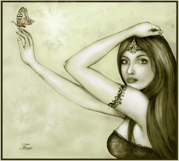 Девушка с бабочкой - фэнтези, бабочки, девушка, монохром - оригинал