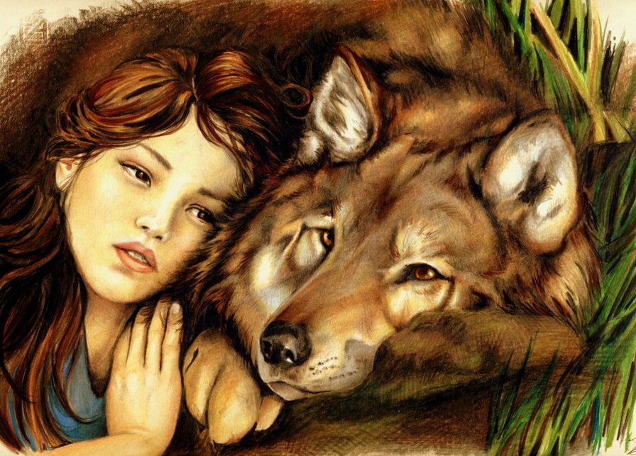 Девушка с волком - волк, девушка, животные, фэнтези - оригинал