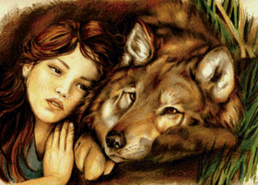 Девушка с волком - девушка, фэнтези, волк, животные - предпросмотр