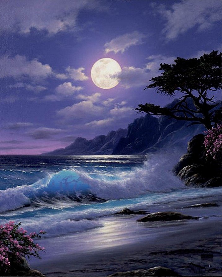 ночной пейзаж - ночь, пейзаж, луна, море - оригинал
