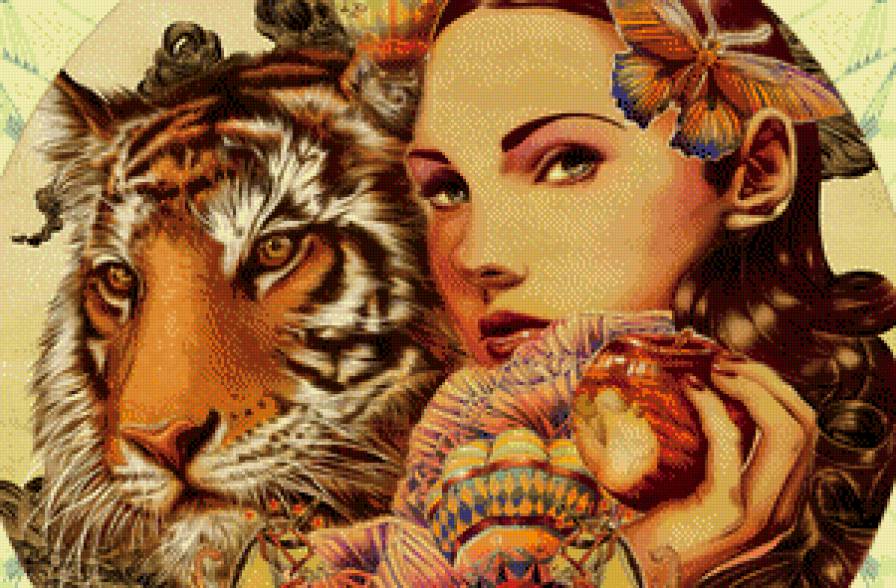 Женщина с тигром - фэнтези, девушка, животные, тигр - предпросмотр