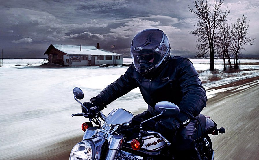 мотоциклист зимой - байк, мотоцикл, путь - оригинал