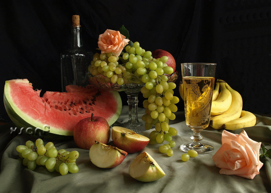 Натюрморт с арбузом 2 - натюрморт, вино, фрукты, арбуз - оригинал
