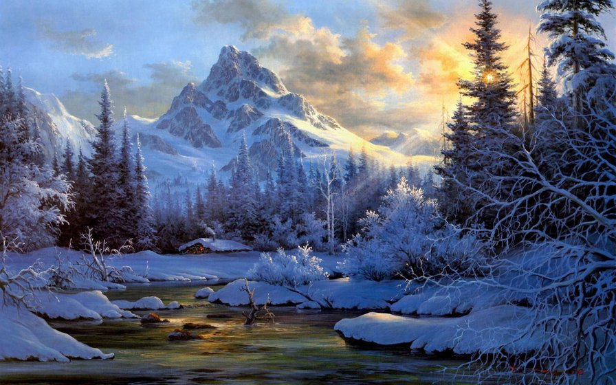 Зимний пейзаж - зима, пейзаж, горы - оригинал
