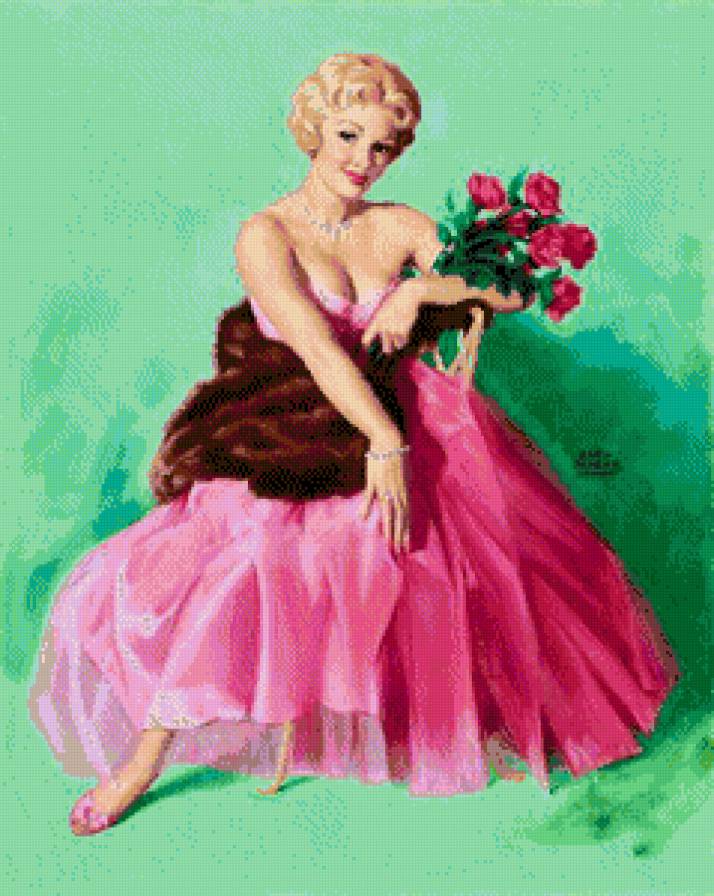 ретро девушка - букет, в розовом, ретро, розы, девушка - предпросмотр