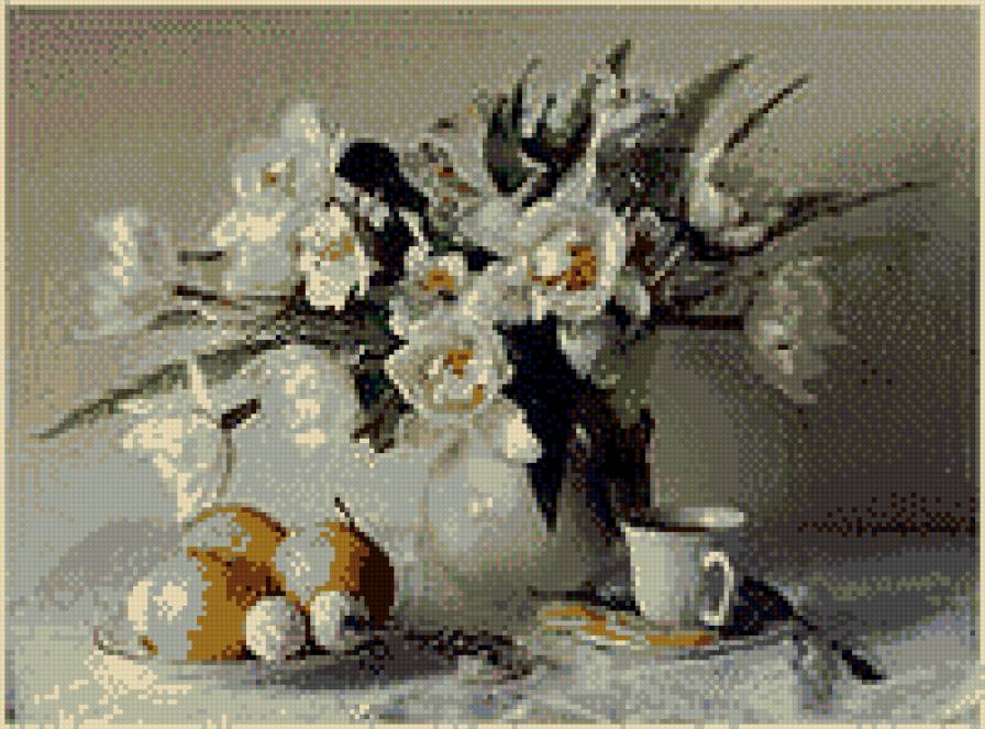БЕЛЫЕ ЦВЕТЫ - фрукты, вазы, лето, цветы, натюрморт - предпросмотр