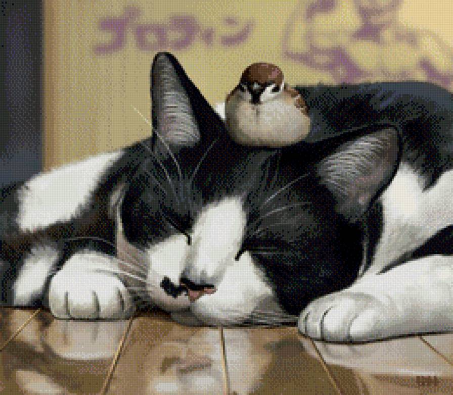 Кот с птичкой - коты, птицы, животные - предпросмотр