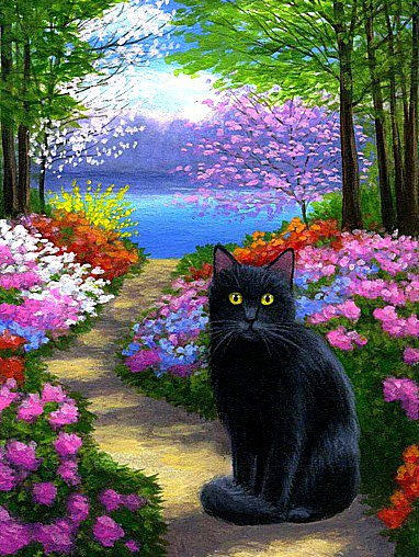Жил да был черный кот - цветы, сад, пейзаж, кот - оригинал
