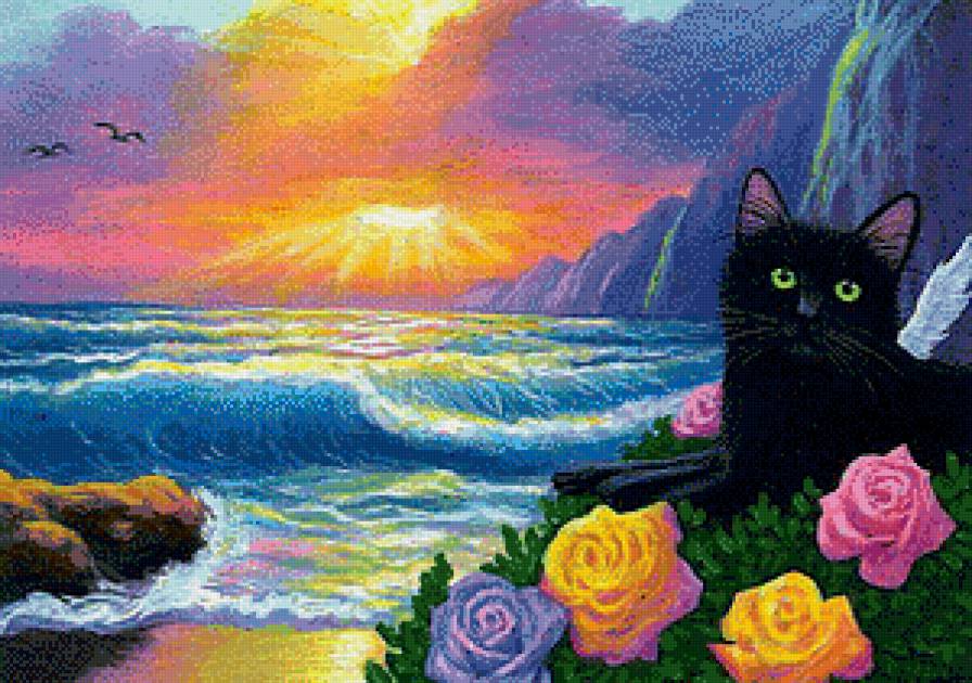 Жил да был черный кот - кот, пейзаж, закат, море, лето - предпросмотр