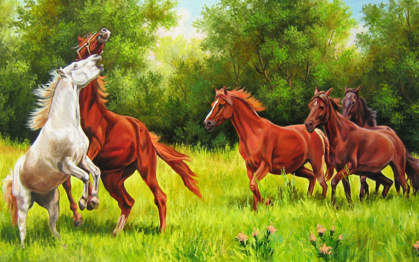 Кони на лугу - конь, лошадь - оригинал
