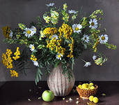 ПОЛЕВЫЕ ЦВЕТЫ - фрукты, натюрморт, цветы, ваза - оригинал