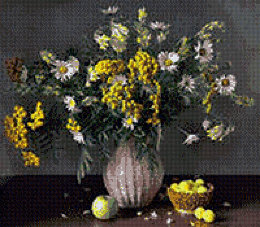 ПОЛЕВЫЕ ЦВЕТЫ - натюрморт, фрукты, цветы, ваза - предпросмотр