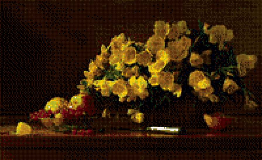 ЖЕЛТЫЙ БУКЕТ - натюрморт, цветы, ваза, фрукты - предпросмотр