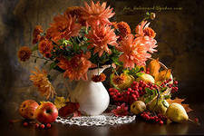 КРАСИВЫЙ БУКЕТ - натюрморт, цветы, фрукты, ваза, лето, ягоды - оригинал