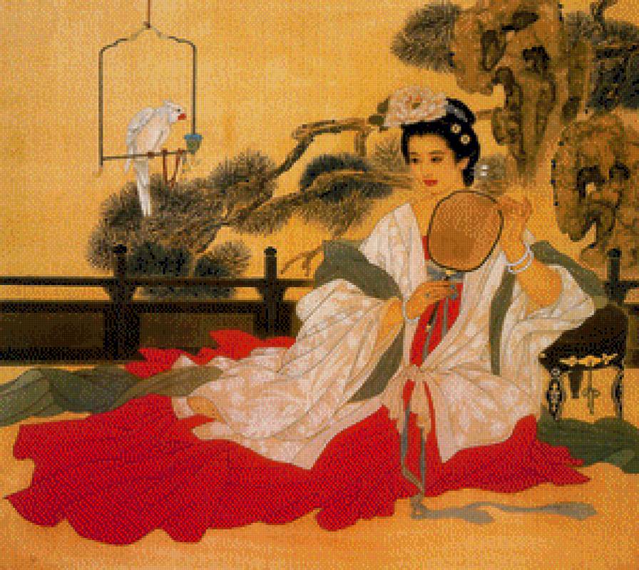 Девушка с веером - девушка, японка, восток, картина - предпросмотр