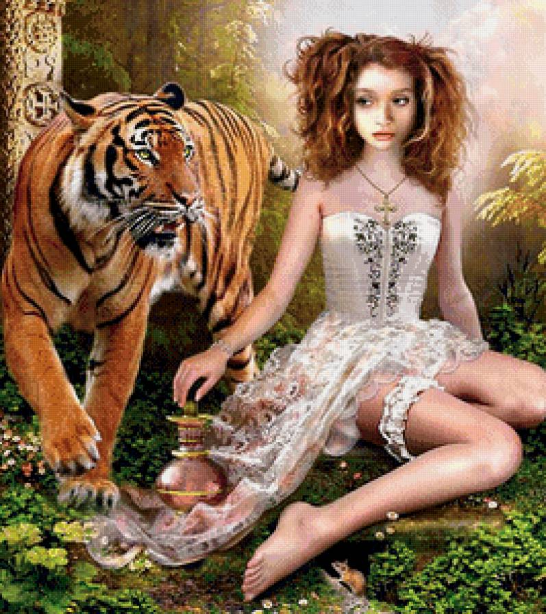 девушка с тигром - девушка, женский образ, тигр, женщина - предпросмотр