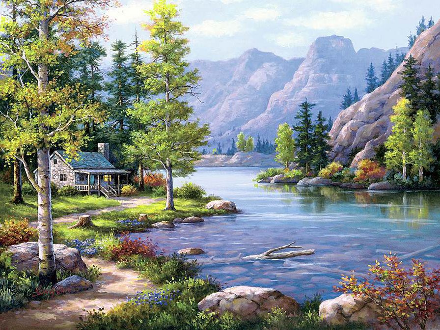 Домик у реки - природа, горы, дом, лес, река, пейзаж - оригинал
