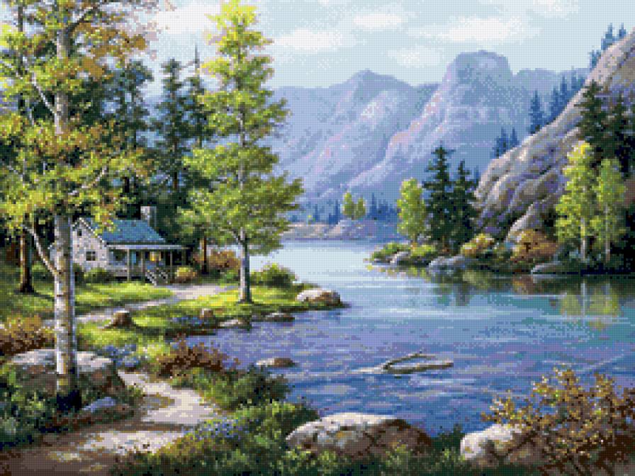 Домик у реки - дом, лес, река, пейзаж, горы, природа - предпросмотр