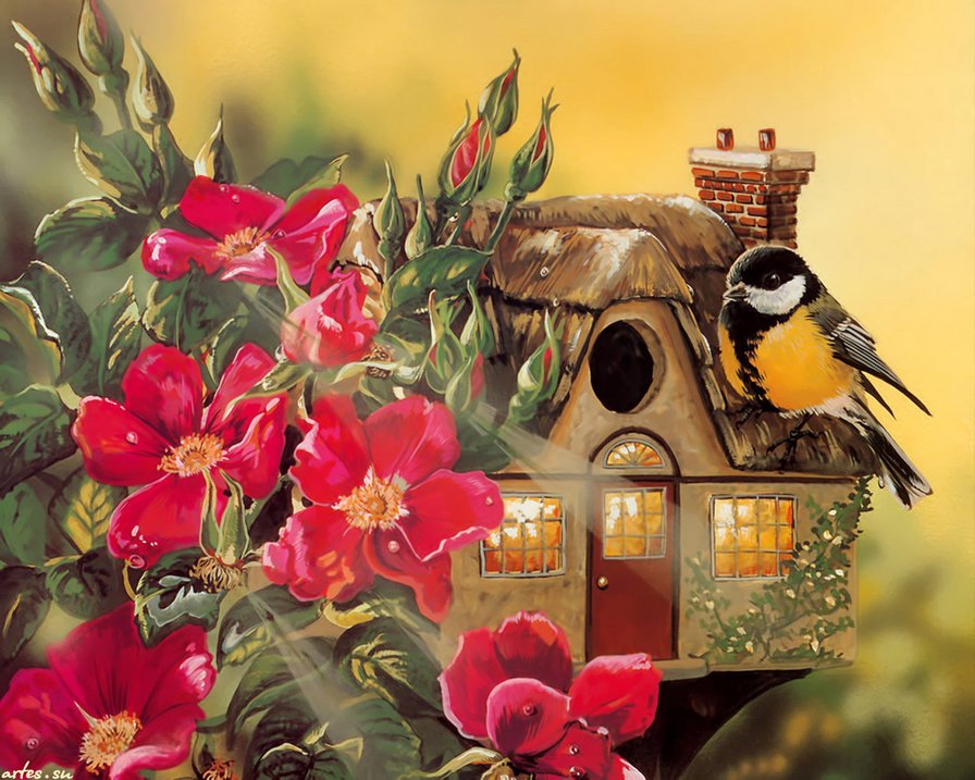 синичкин домик - дом, птица, цветы - оригинал