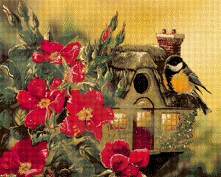 синичкин домик - птица, цветы, дом - предпросмотр