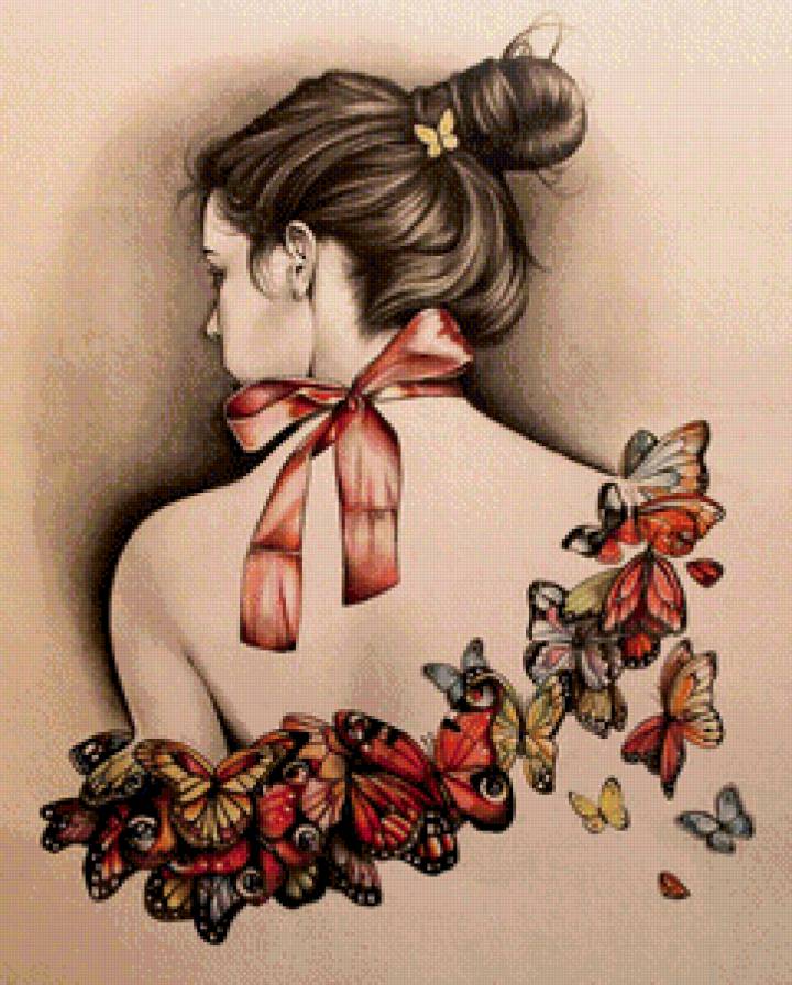 девушка и бабочки - бабочки, девушка, рисунок - предпросмотр