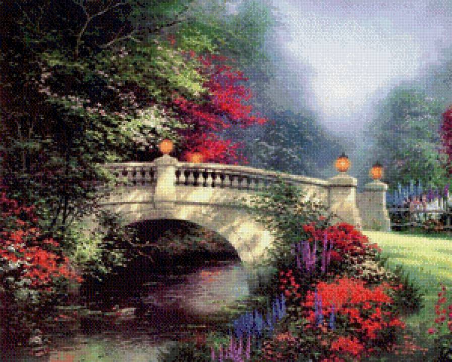 мост - живопись, мост, арт, река, парк, природа, акварель - предпросмотр