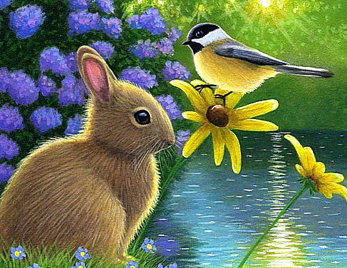 Зайчишка и птичка - зайцы, животные, цветы, птичка - оригинал