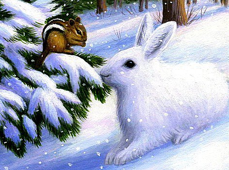 Зайчишка и бурундучок - зайцы, елочка, животные, бурундук - оригинал